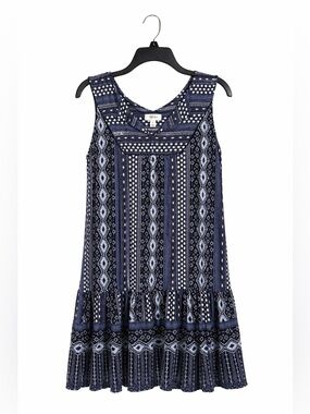 Style & Co Geo Print Flounce Hem Dress Women’s Petite Large Boho Tunic Navy Blue